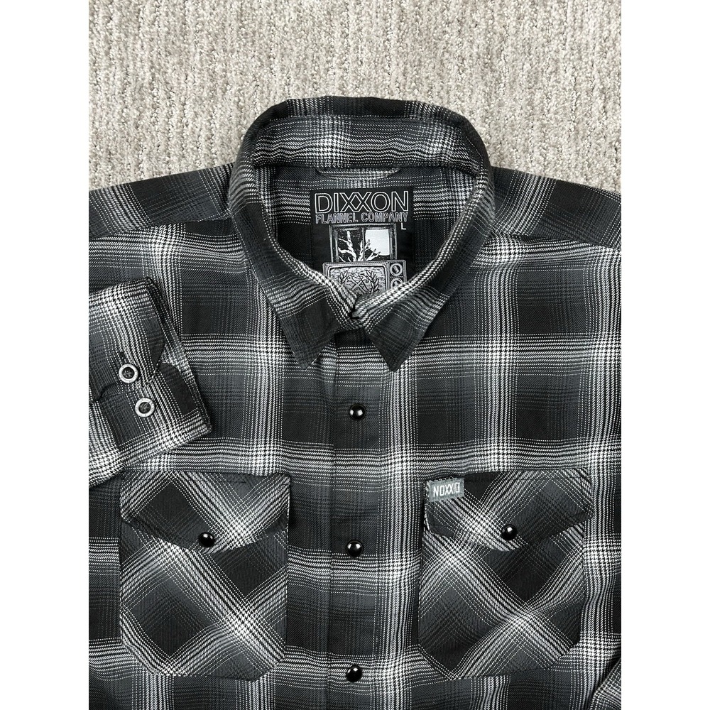 Dixxon Flannel Shirt Mens Large THE STATIC Gray Black Long Sleeve Pearl Snap
